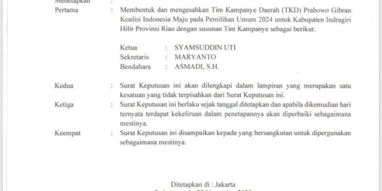 H. Syamsudin Uti Ketua TKD Prabowo-Gibran Inhil Siap Maju di Pilkada Inhil 2024