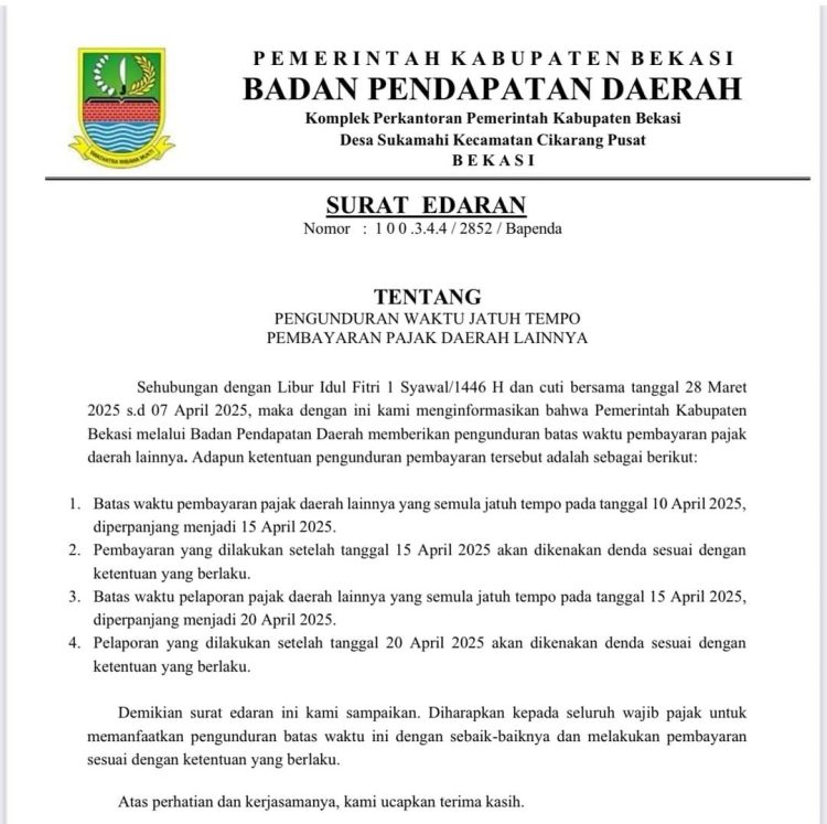 Bapenda Kabupaten Bekasi Undur Jatuh Tempo Pembayaran Pajak