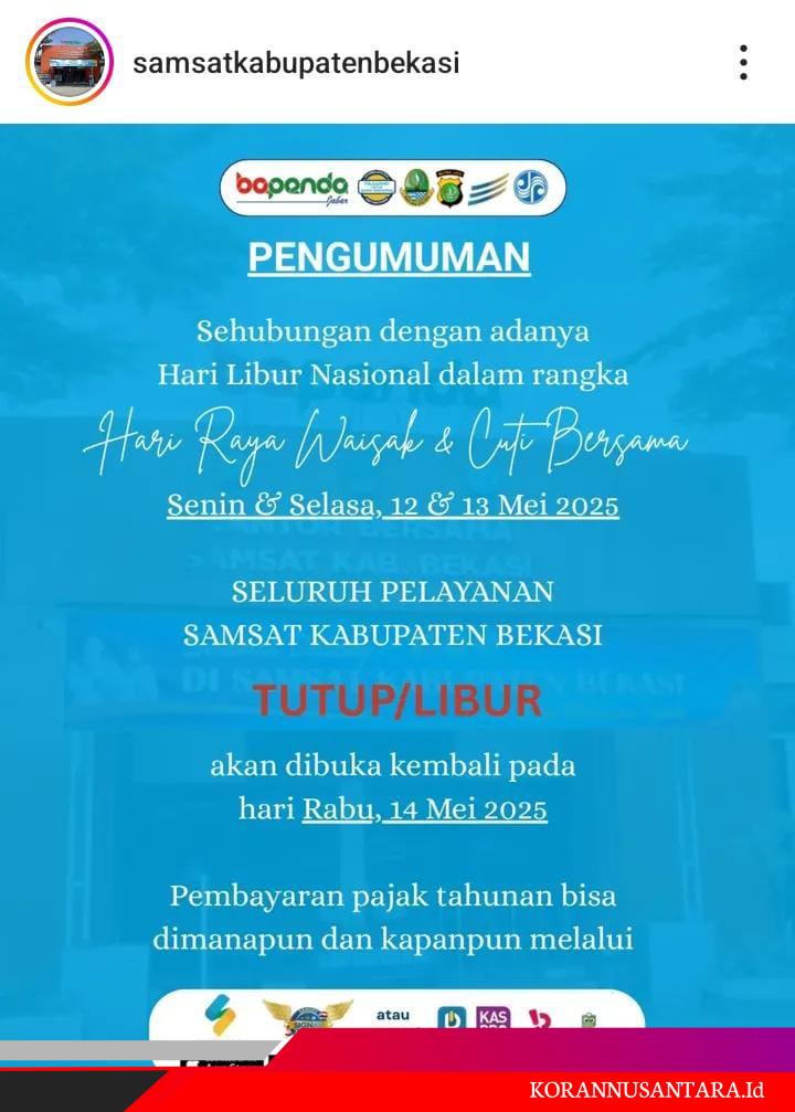 Jadwal Layanan Samsat Kabupaten Bekasi Terbaru: Tutup 12–13 Mei, Buka Kembali Rabu 14 Mei 2025