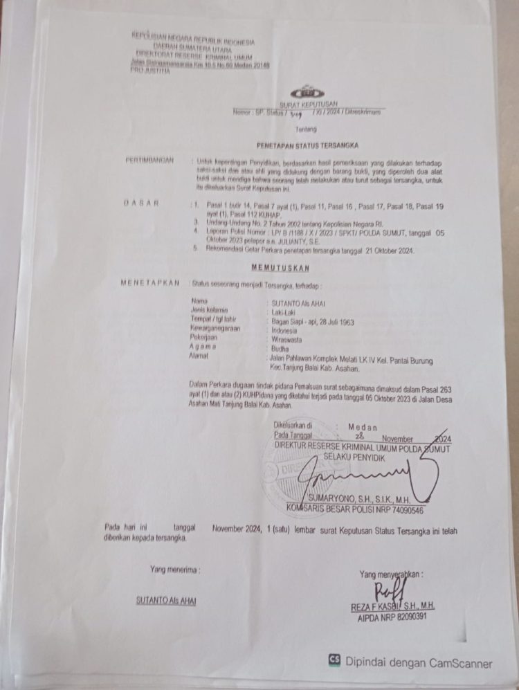 Polda Sumut Diduga Tak Punya Nyali Untuk Menangkap Tersangka Pemalsuan Ahai Sutanto