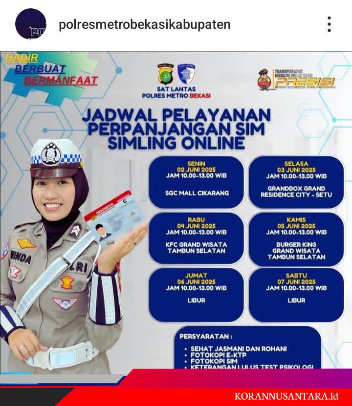 Jadwal Layanan SIM Keliling Kabupaten Bekasi 2–7 Juni 2025, Cek Lokasi dan Syaratnya