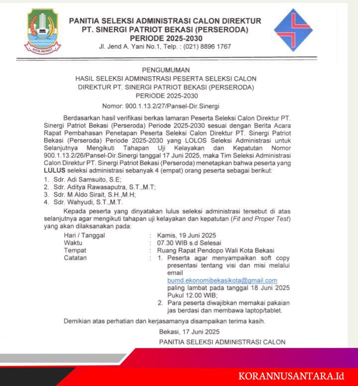 4 Nama Lolos Seleksi Administrasi Calon Direktur Perseroda Bekasi