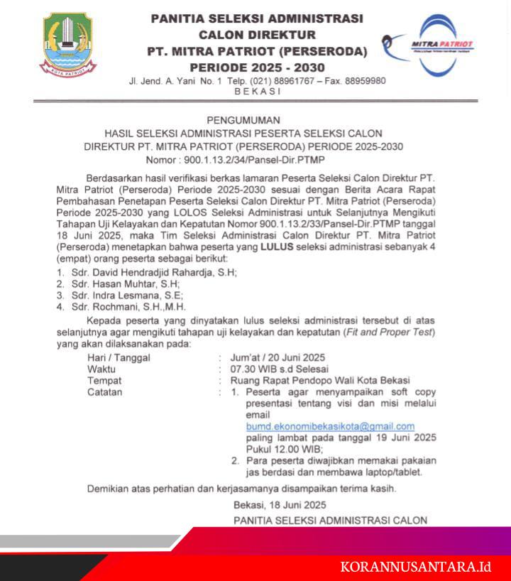 4 Kandidat Lolos Seleksi Calon Direktur PT Mitra Patriot 2025–2030, Siap Jalani Fit and Proper Test di Pemkot Bekasi