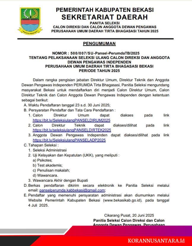 Pemkab Bekasi Buka Seleksi Ulang Direksi dan Dewan Pengawas Perumda Tirta Bhagasasi 2025