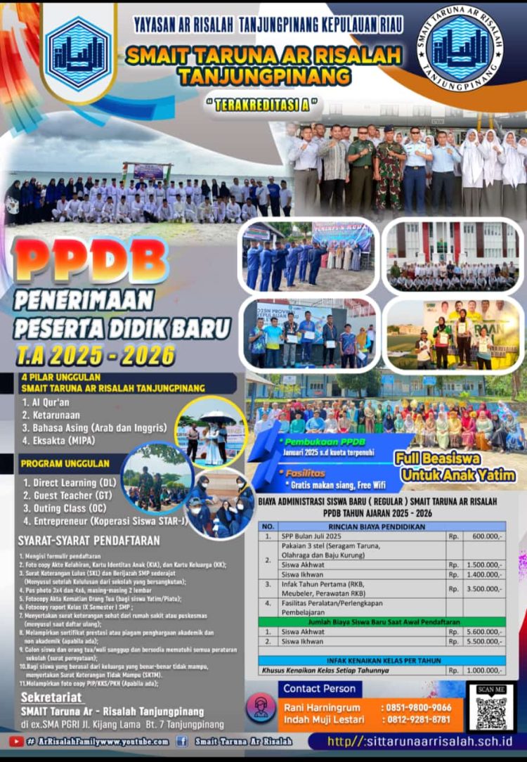 PPDB T.A 2025/2026 Dibuka, Ar Risalah Tanjungpinang Terima Pendaftaran Siswa/i Baru