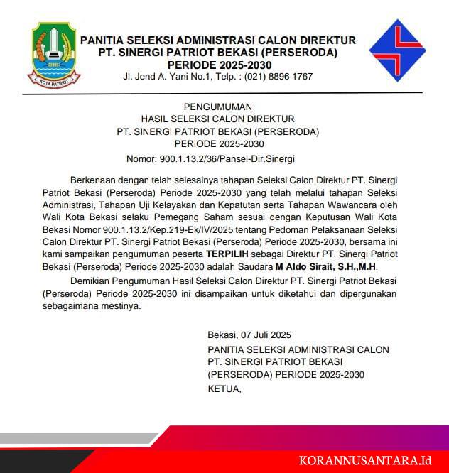 Aldo Sirait Resmi Jadi Direktur PT Sinergi Patriot Bekasi 2025–2030, Ini Harapan Besarnya