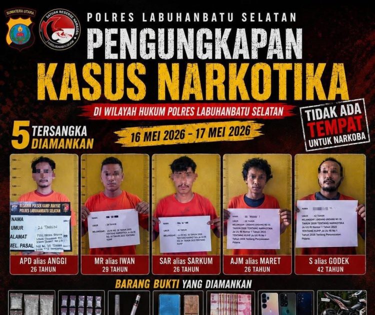 Operasi Dua Hari, Polres Labusel Amankan Lima Tersangka Kasus Narkoba