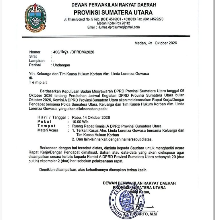 DPRD Sumut Undang Keluarga dan Kuasa Hukum Linda Lorenza Gowasa Gelar RDP Dengan Polda Sumut